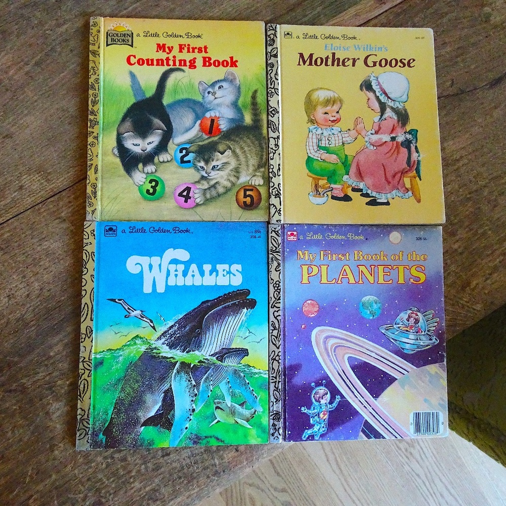 Set of 4 Vintage Little Golden Books - Counting, Mother Goose, Whales, Planets